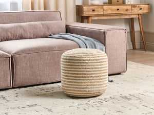 Pouf rotondo beige in iuta intrecciata con strisce bianche 40 x 40 cm stile boho camera da letto soggiorno
