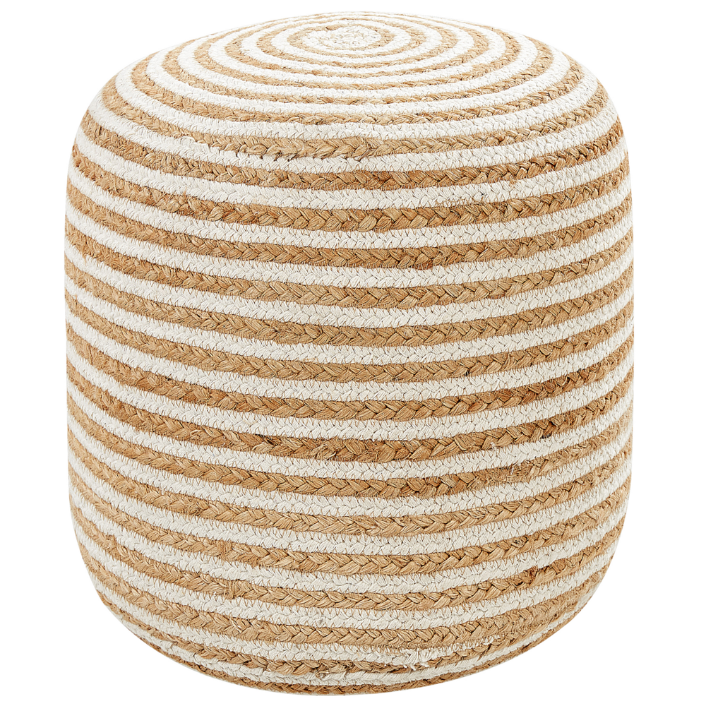 Pouf rotondo beige in iuta intrecciata con strisce bianche 40 x 40 cm stile boho camera da letto soggiorno