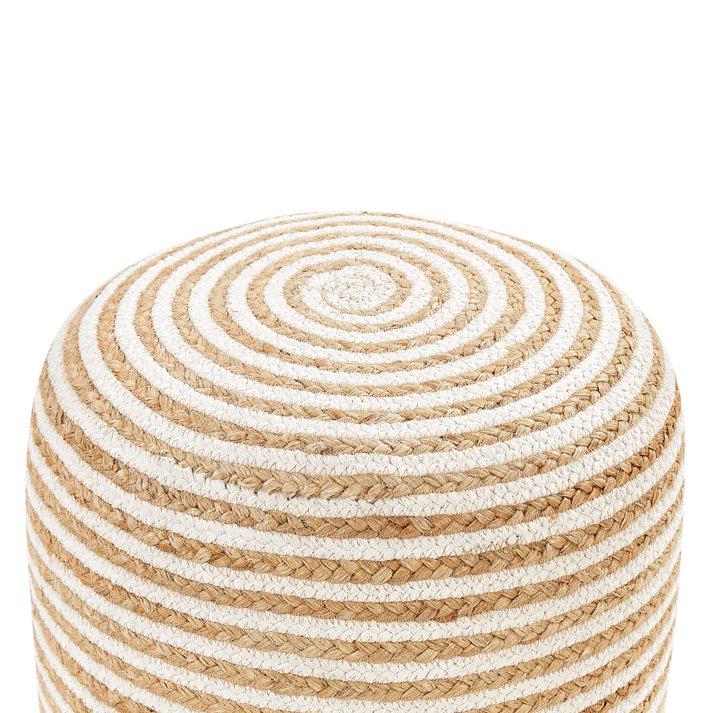 Pouf rotondo beige in iuta intrecciata con strisce bianche 40 x 40 cm stile boho camera da letto soggiorno