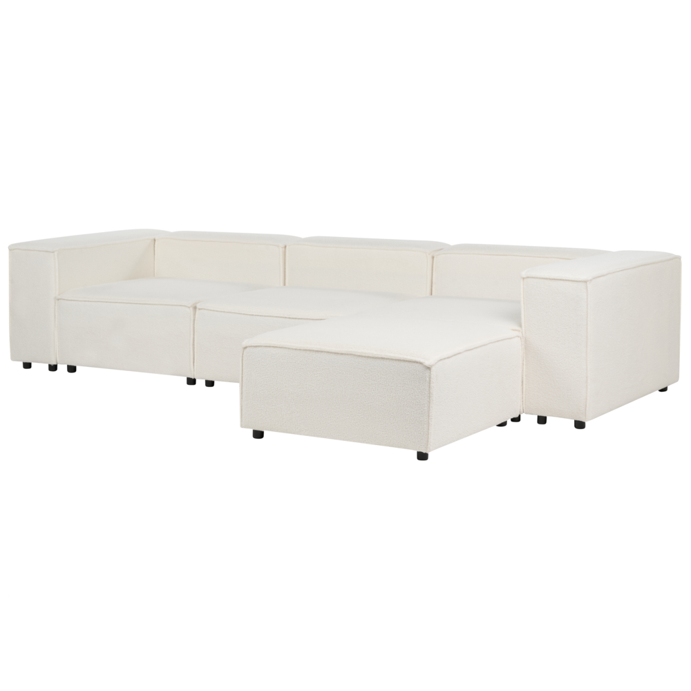 Divano moderno a 3 posti con ottomana Gambe nere Rivestimento in tessuto bouclè bianco Soggiorno moderno