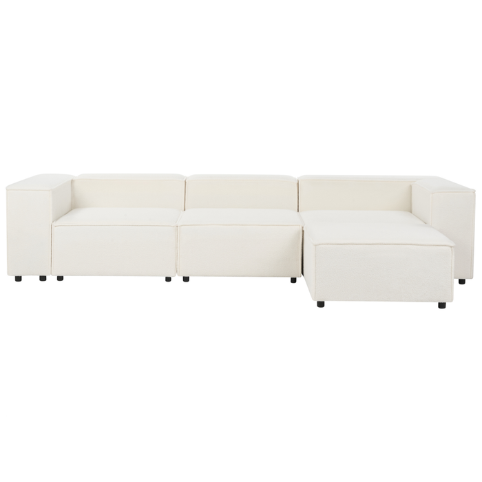 Divano moderno a 3 posti con ottomana Gambe nere Rivestimento in tessuto bouclè bianco Soggiorno moderno