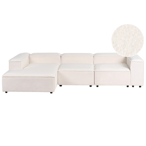 Divano moderno lato destro a 4 posti in tessuto bouclè bianco sporco e stile moderno contemporaneo