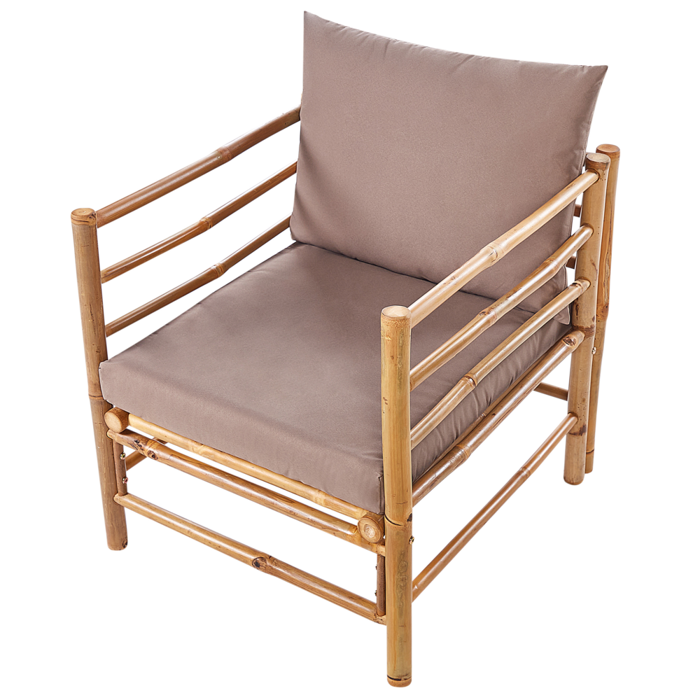 Set da giardino componibile composto da divano 2 posti 2 poltrone e tavolino in bambù naturale con cuscini tortora esterno elegante