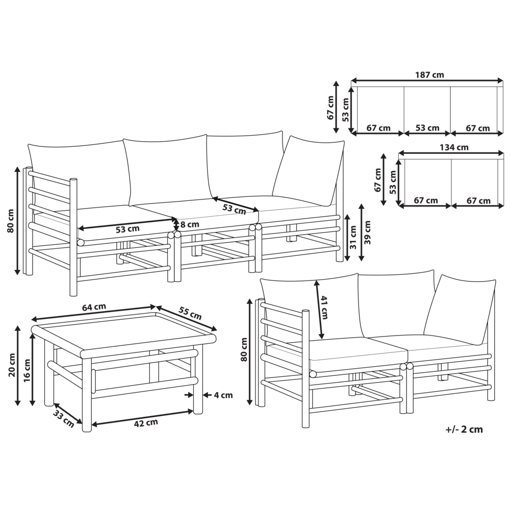 Set da giardino modulare con divani a 3 posti e a 2 posti e tavolino in bambù naturale con cuscini tortora esterno elegante