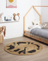 Tappeto Beige Juta ø 120 cm Rotondo Decorativo Motivo Animali Stile Boho Soggiorno Bambini Stanza dei bambini