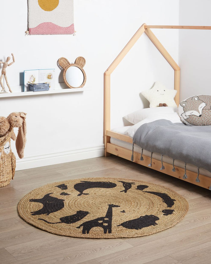 Tappeto Beige Juta ø 120 cm Rotondo Decorativo Motivo Animali Stile Boho Soggiorno Bambini Stanza dei bambini