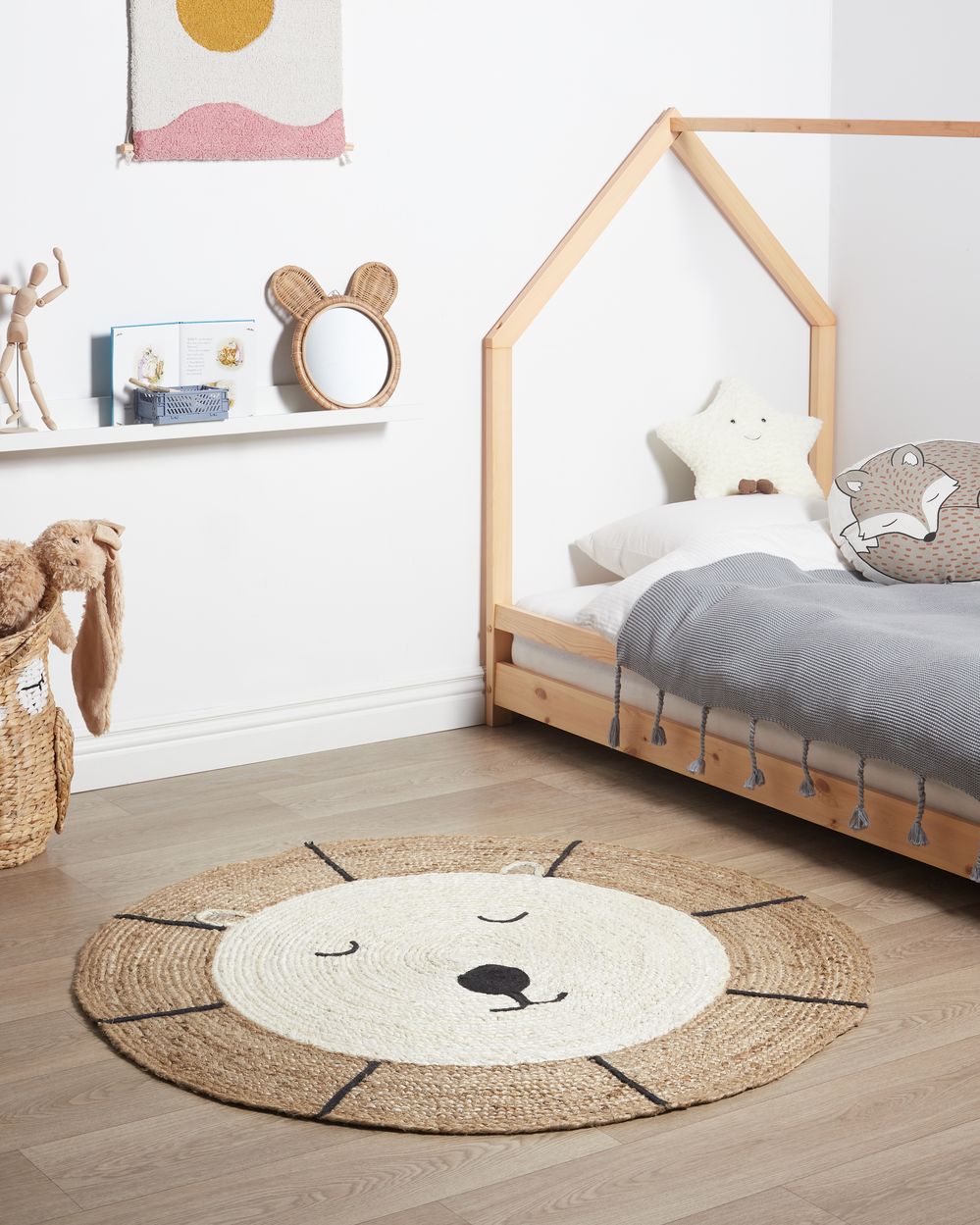 Tappeto Beige Juta ø 120 cm Rotondo Orso decorativo Stile Boho Soggiorno Bambini Camera dei bambini