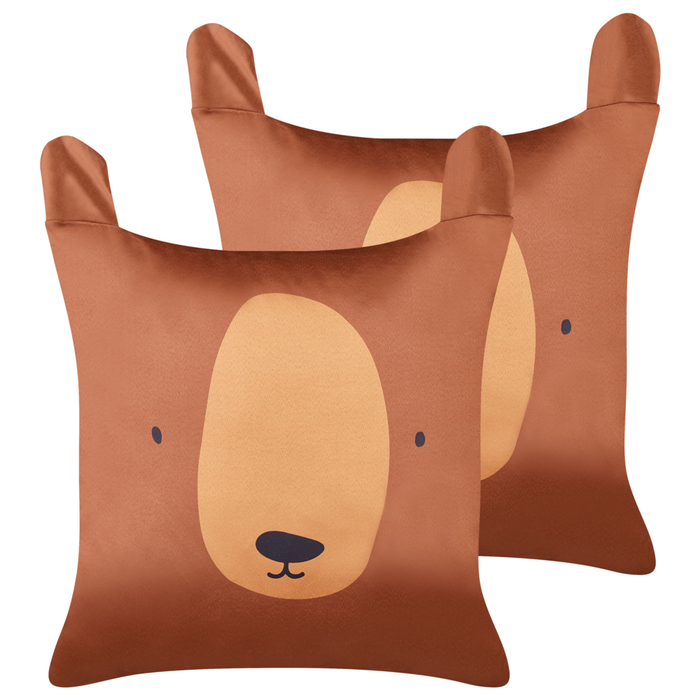 Set di 2 cuscini decorativi in cotone marrone 45 x 45 cm con motivo a orso, sfoderabili, accessori moderni per la camera da letto e il soggiorno.