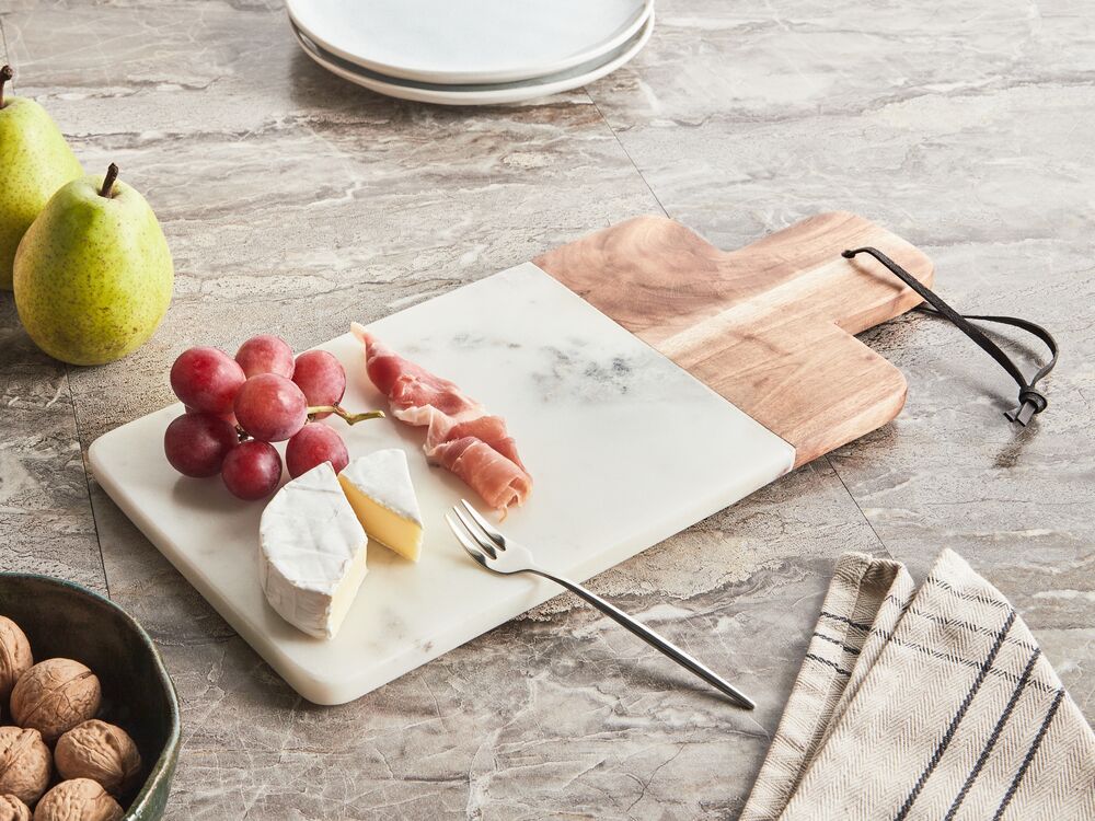 Vassoio di servizio in marmo bianco, legno d'acacia, corda in finta pelle, rotondo, fatto a mano Sala da pranzo moderna