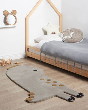 Tappeto per bambini a forma di dinosauro di colore grigio in lana 100 x 160 cm stile divertente cameretta