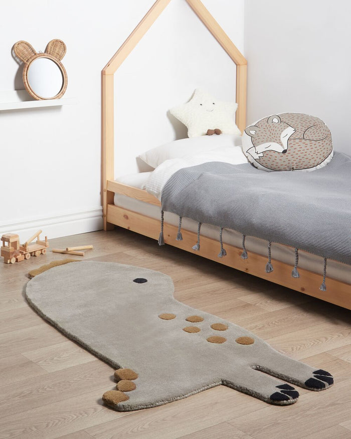 Tappeto per bambini a forma di dinosauro di colore grigio in lana 100 x 160 cm stile divertente cameretta