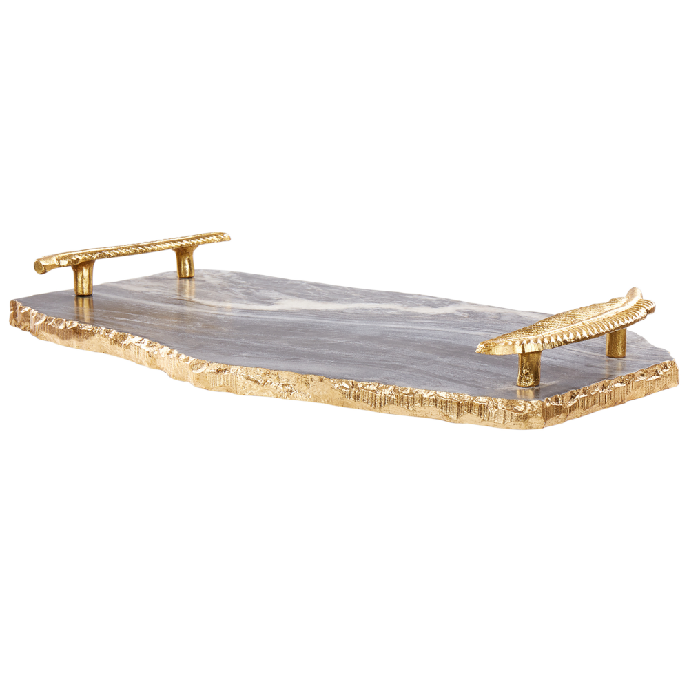 Vassoio da portata in marmo grigio scuro con maniglie in metallo dorato Decorazione moderna per la casa