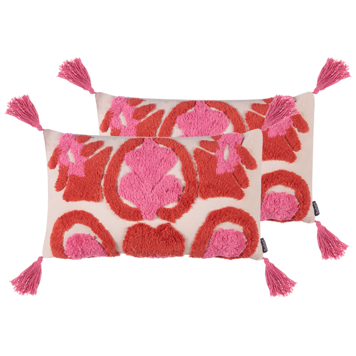 Set di 2 cuscini decorativi in cotone rosa rosso bianco 30 x 50 cm con frange Cuscino moderno rettangolare Accessori decorativi boho