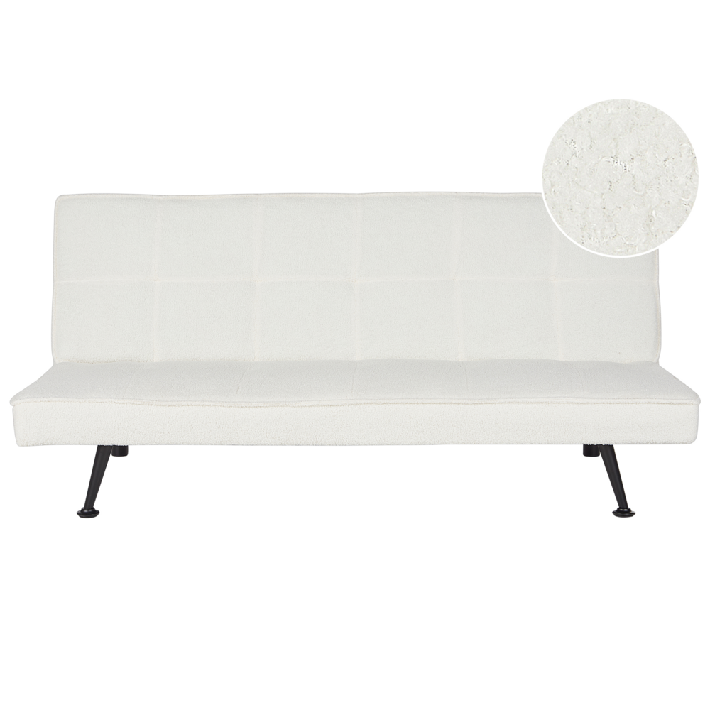 Divano Letto bouclé bianco 3 Posti Imbottito Trapuntato Gambe In Metallo Click Clack