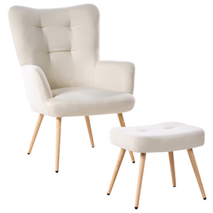 Poltrona elegante con Poggiapiedi in Tessuto beige chiaro stile retrò