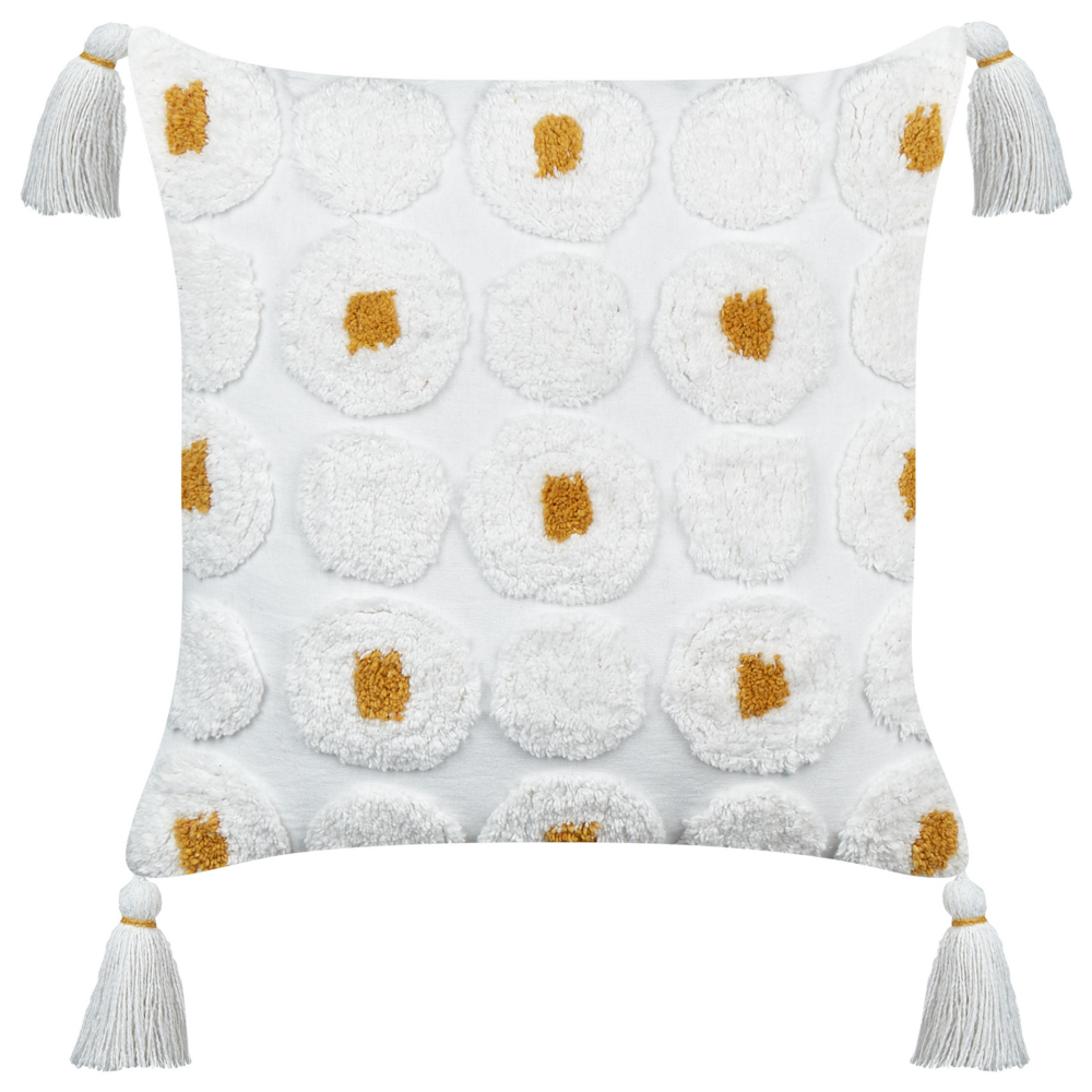 2 cuscini decorativi in cotone bianco 45 x 45 cm, con puntini e frange gialle