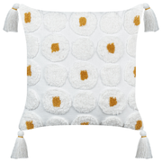 2 cuscini decorativi in cotone bianco 45 x 45 cm, con puntini e frange gialle