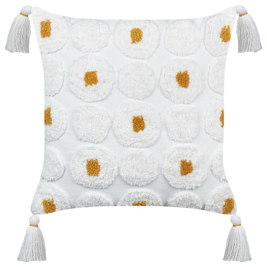 2 cuscini decorativi in cotone bianco 45 x 45 cm, con puntini e frange gialle