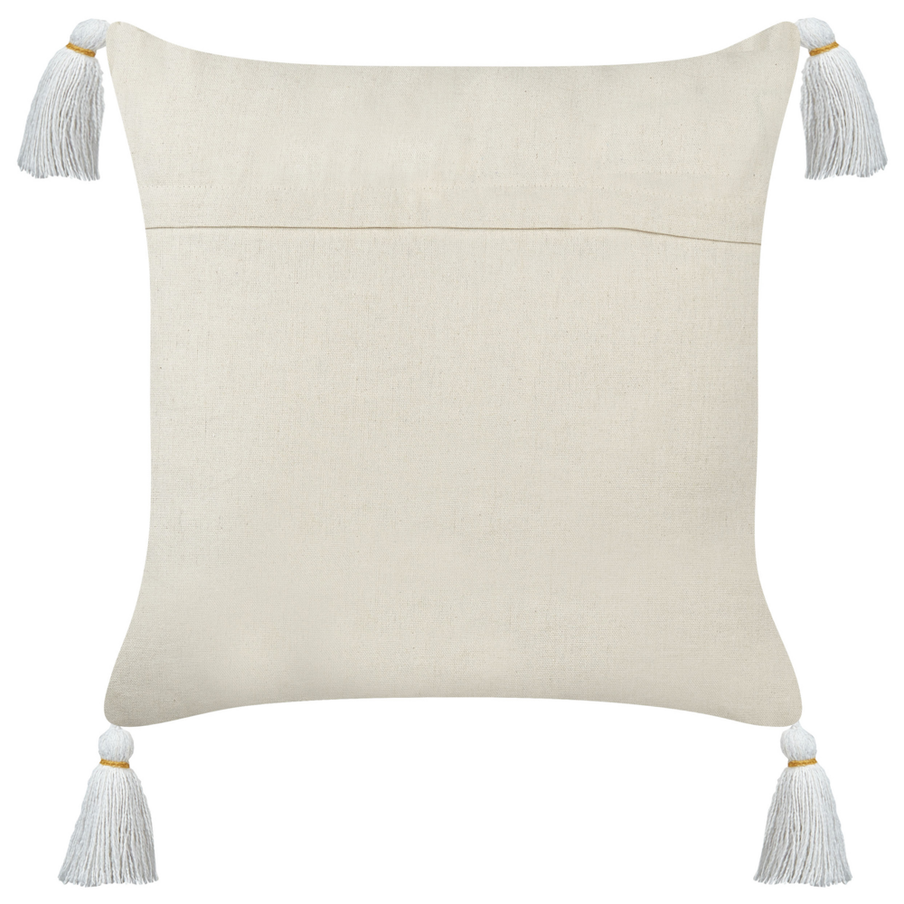 2 cuscini decorativi in cotone bianco 45 x 45 cm, con puntini e frange gialle