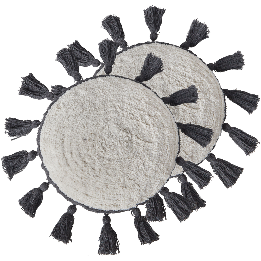 2 cuscini decorativi in cotone bianco sporco ⌀ 40 cm con frange grigio scuro