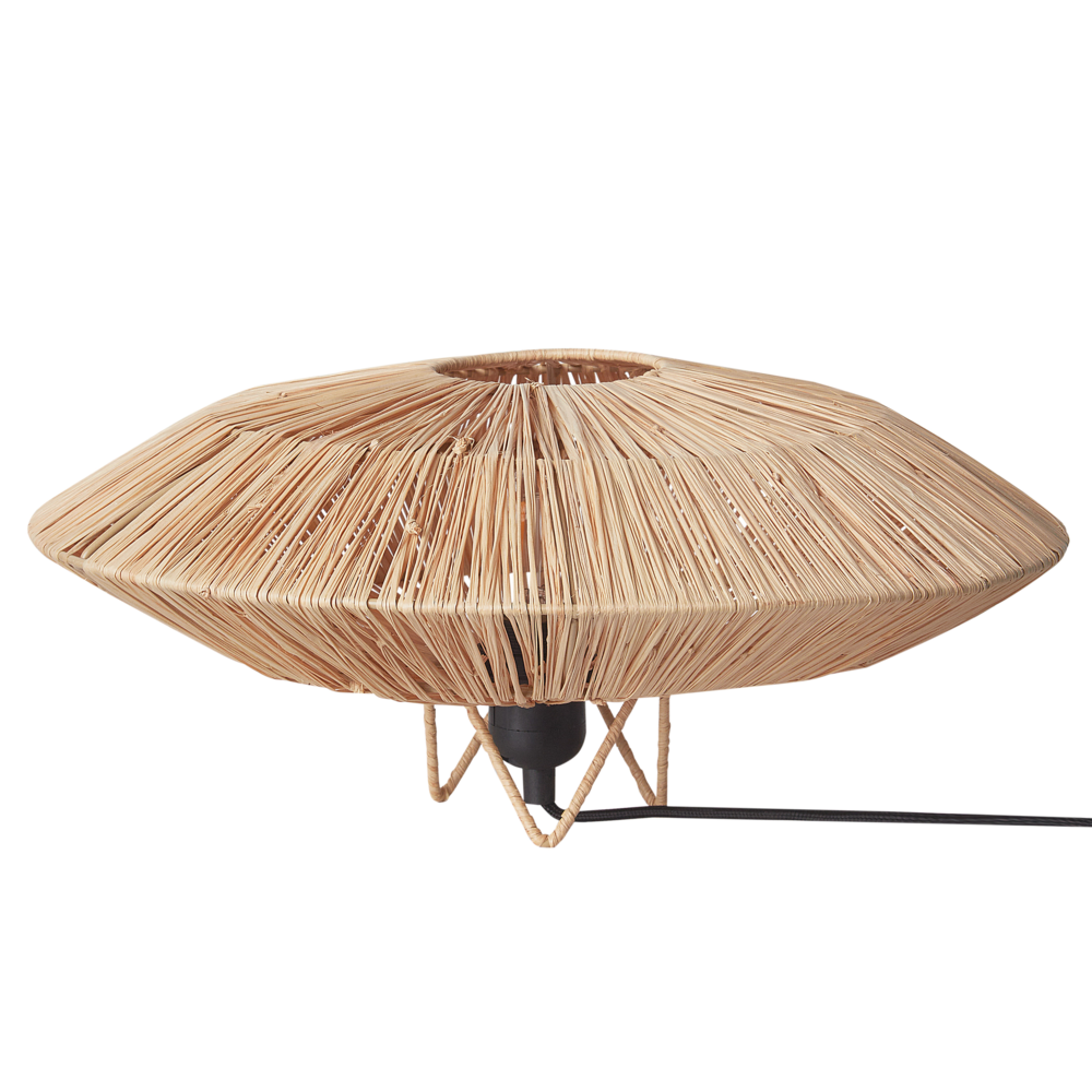 Lampada da tavolo con base in ferro e paralume in paglia naturale stile boho