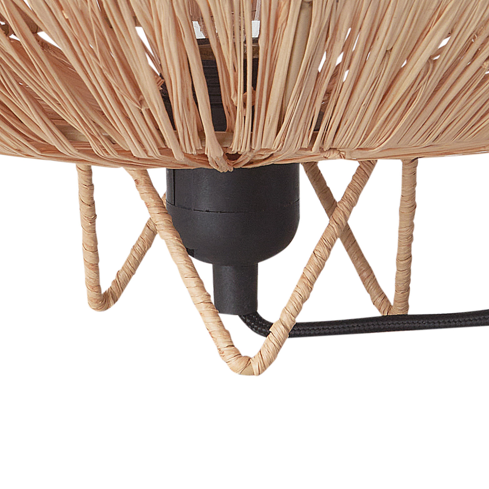 Lampada da tavolo con base in ferro e paralume in paglia naturale stile boho
