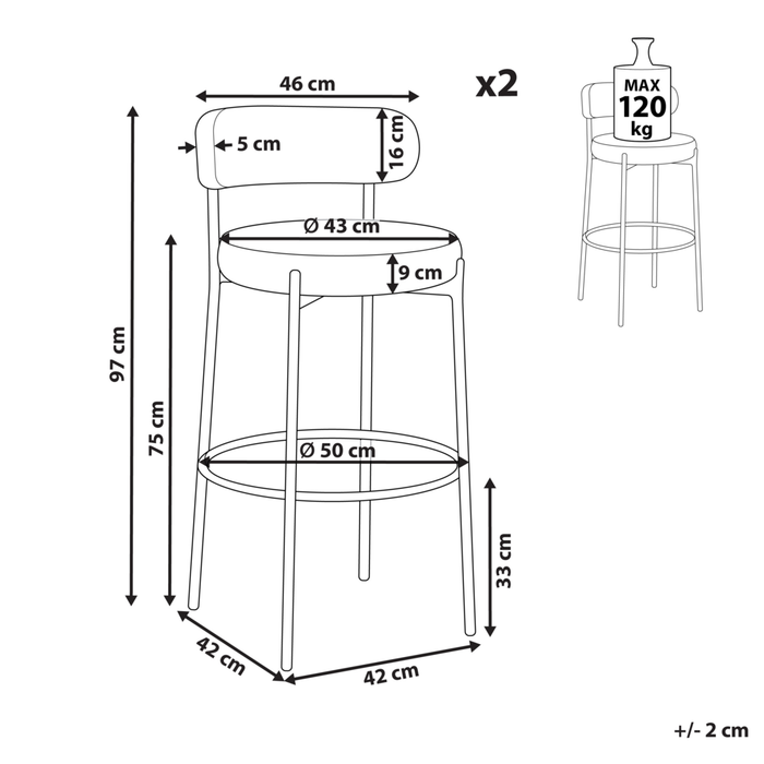 Set di 2 sgabelli da bar Nero Senza braccioli Gambe in acciaio nero Boucle Design moderno Sedute per la sala da pranzo