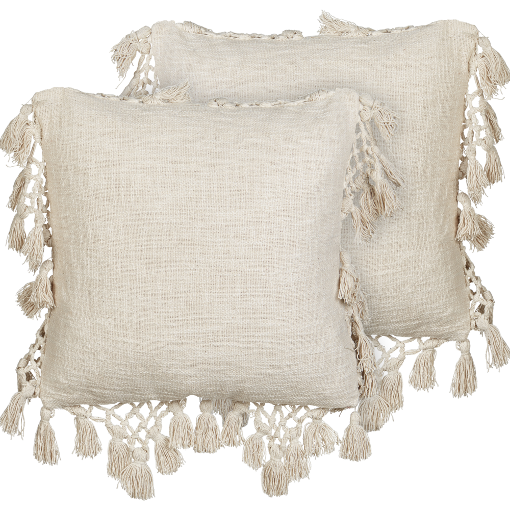 Set di 2 cuscini in cotone beige con nappe 45 x 45 cm  morbida imbottitura