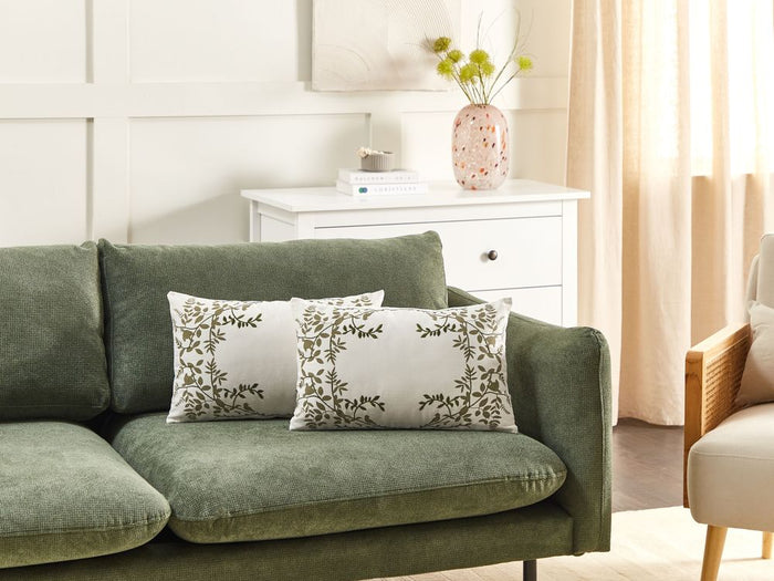 Set di 2 cuscini in cotone ricamati con motivo bianco e verde 30 x 50 cm morbida imbottitura