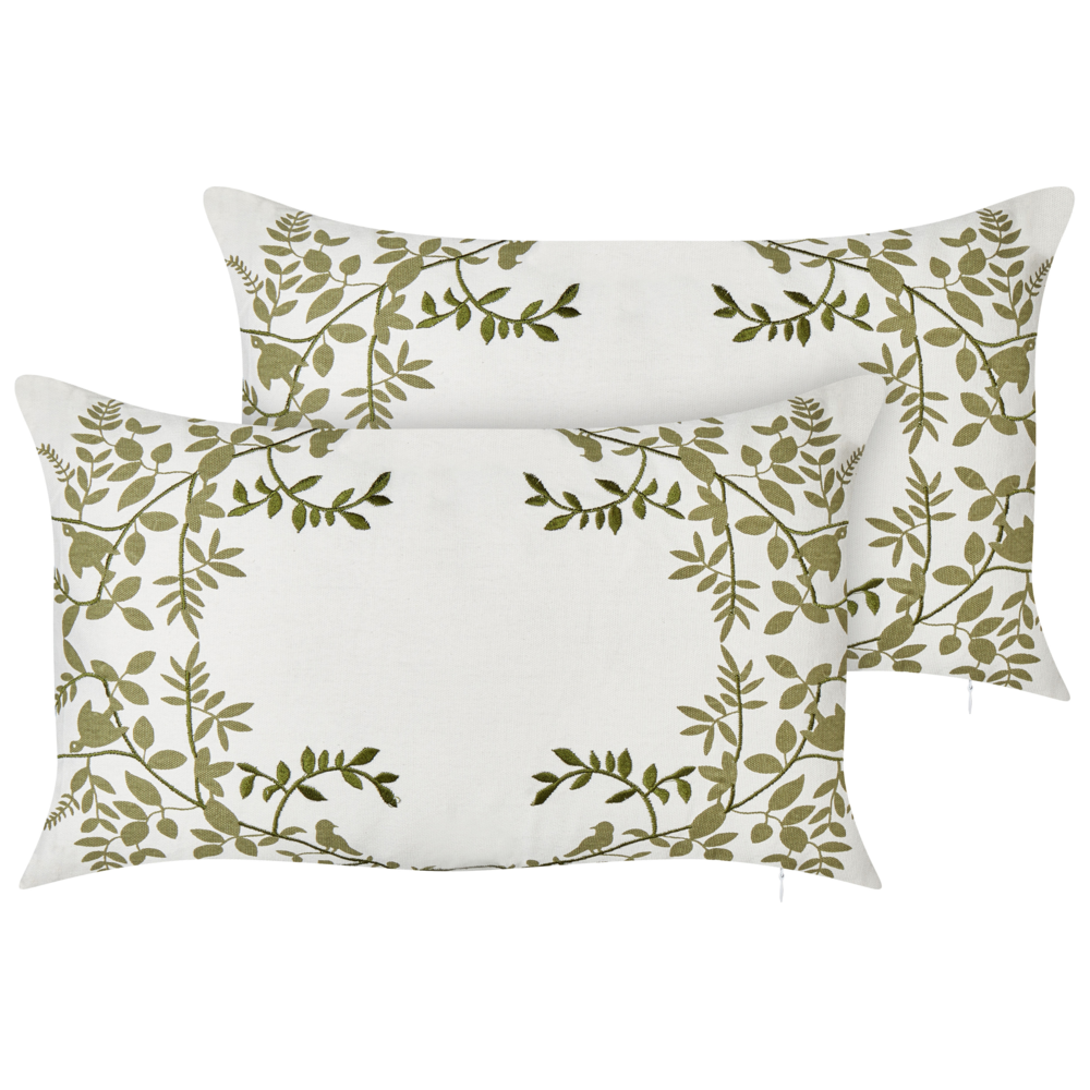 Set di 2 cuscini in cotone ricamati con motivo bianco e verde 30 x 50 cm morbida imbottitura
