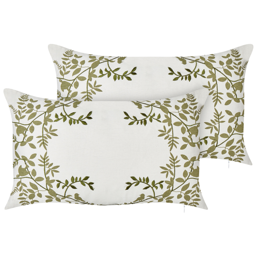 Set di 2 cuscini in cotone ricamati con motivo bianco e verde 30 x 50 cm morbida imbottitura
