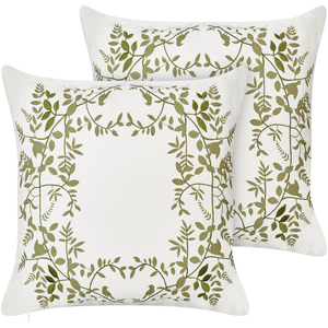 Set di 2 cuscini in cotone ricamati con motivo bianco e verde 45 x 45 cm morbida imbottitura