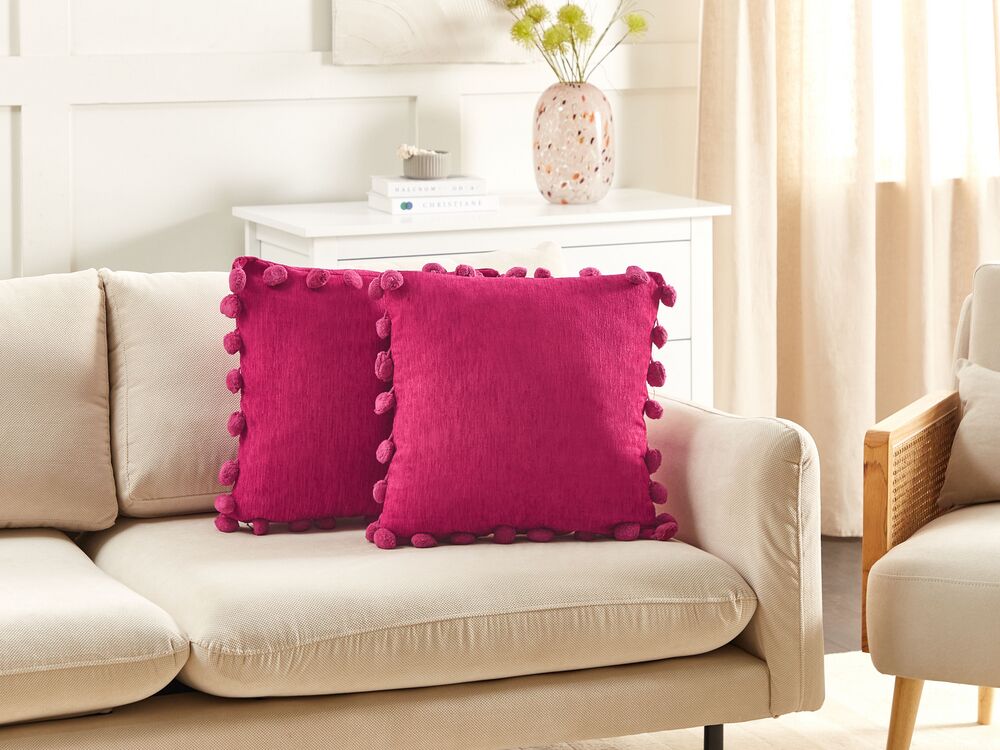 Set di 2 cuscini decorativi in tessuto di poliestere fucsia a tinta unita con frange fatte a mano 45 x 45 cm Accessori per la casa