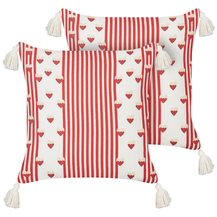 Set di 2 cuscini decorativi in cotone bianco e rosso 45 x 45 cm Motivo cuori sfoderabile Quadrato Accessori decorativi moderni