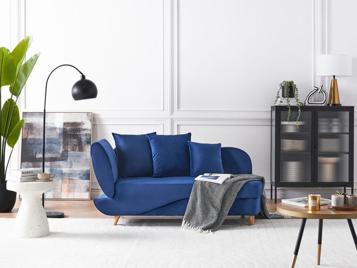 Chaise longue versione sinistra in velluto blu con contenitore soggiorno lato sinistro design moderno contemporaneo