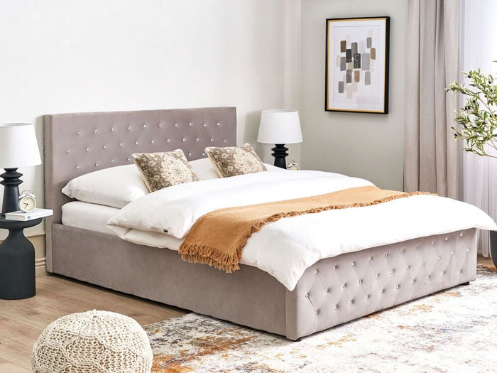 Letto matrimoniale imbottito in velluto tortora  con contenitore 180 x 200 cm salvaspazio camera da letto moderna