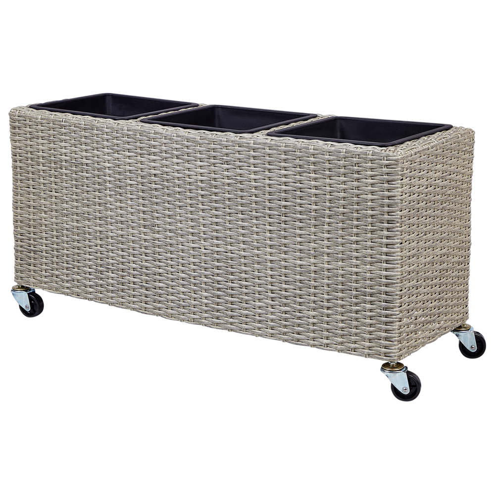 Vaso per piante su ruote in finto PE Rattan marrone con 3 inserti interni ed esterni