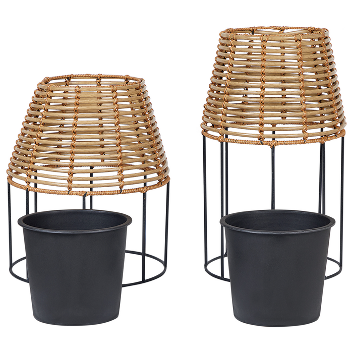Set di 2 portavasi per piante marrone PE Rattan rotondo per interni e per esterni con inserto in plastica