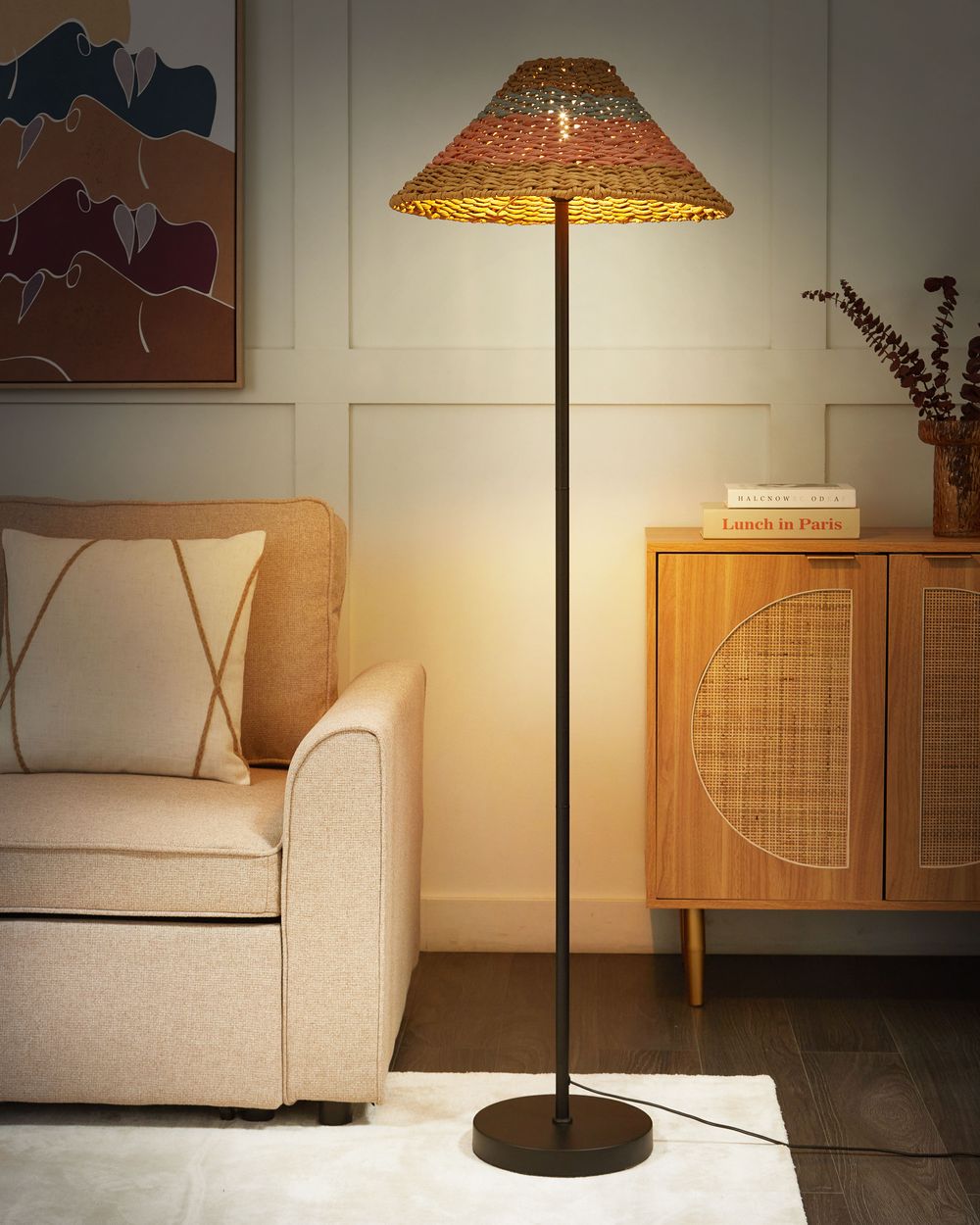 Lampada da terra in corda di carta fatta a mano in beige stile boho soggiorno camera da letto