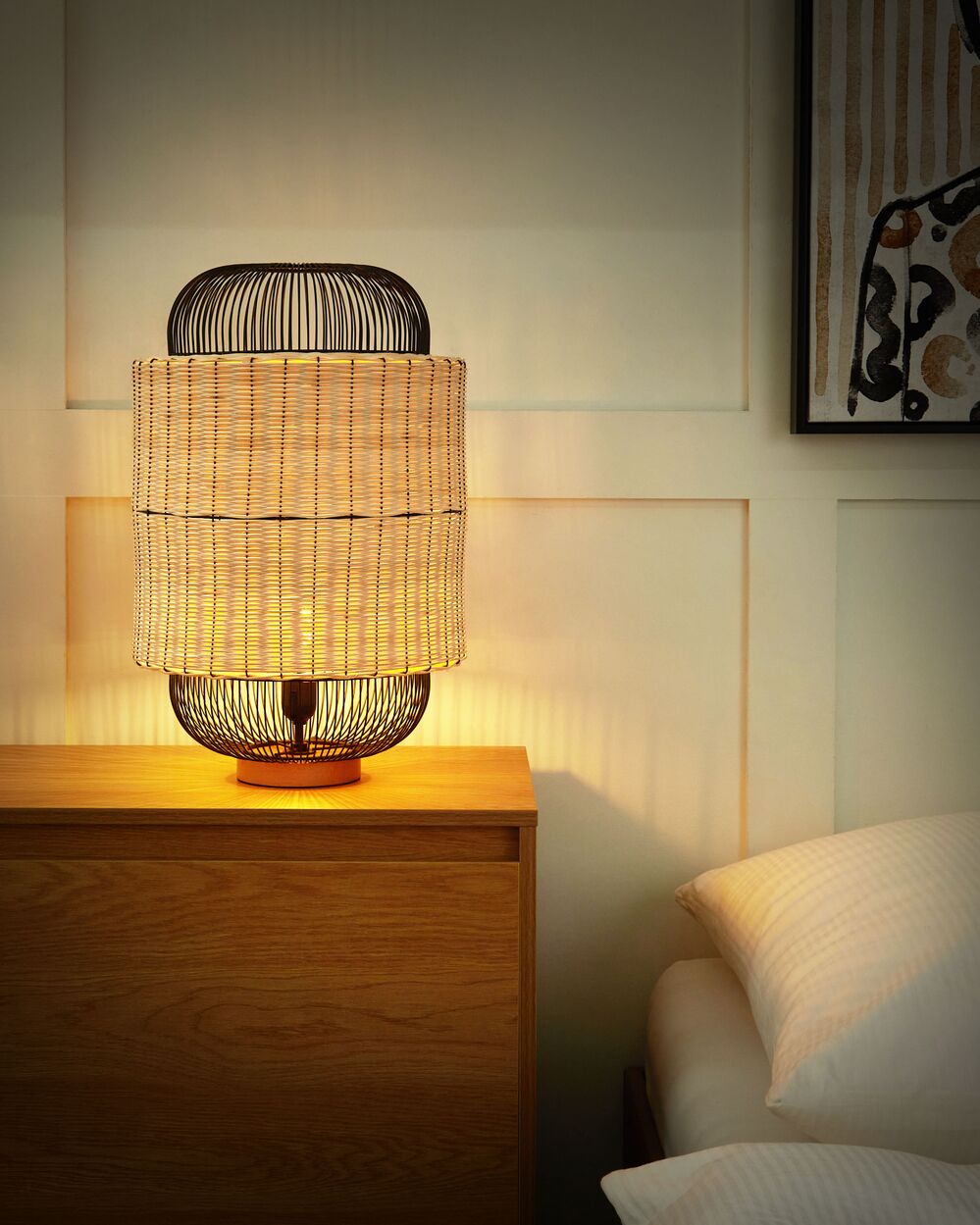 Lampada da tavolo in rattan naturale con paralume naturale e nero 55 cm stile boho soggiorno camera da letto
