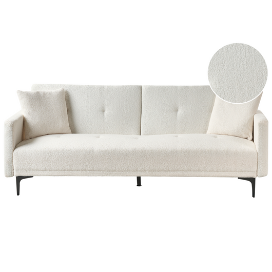 Divano letto moderno in tessuto bouclè bianco sporco a 3 posti con schienale con bottoni gambe nero design moderno scandinavo