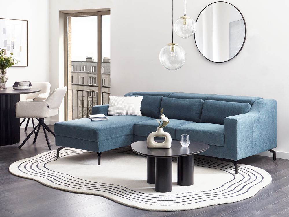 Divano Angolare in tessuto di ciniglia versione sinistra Rivestimento In Poliestere Blu Con Poggiatesta Regolabile Chaise longue Design Moderno