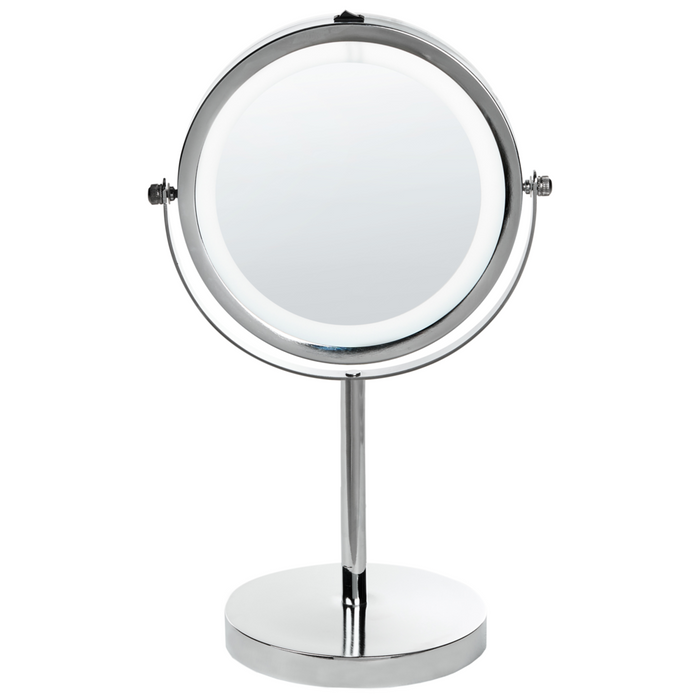 Specchio da tavolo illuminato in metallo argentato ø 20 cm con luci LED d'ingrandimento bifacciali