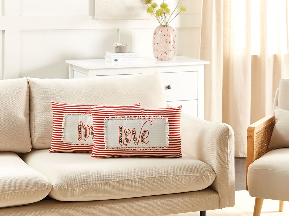 Set di 2 cuscini decorativi in cotone con motivo a righe bianche e rosse 30 x 50 cm soggiorno camera da letto