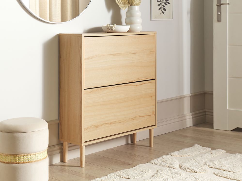 Scarpiera a 2 scomparti in truciolato Gambe in legno di gomma Legno chiaro elegante