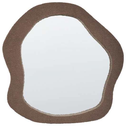 Specchio da parete marrone con cornice in MDF, vetro rivestito in bouclé 79 x 80 cm, pezzo decorativo irregolare montato a parete, stile moderno