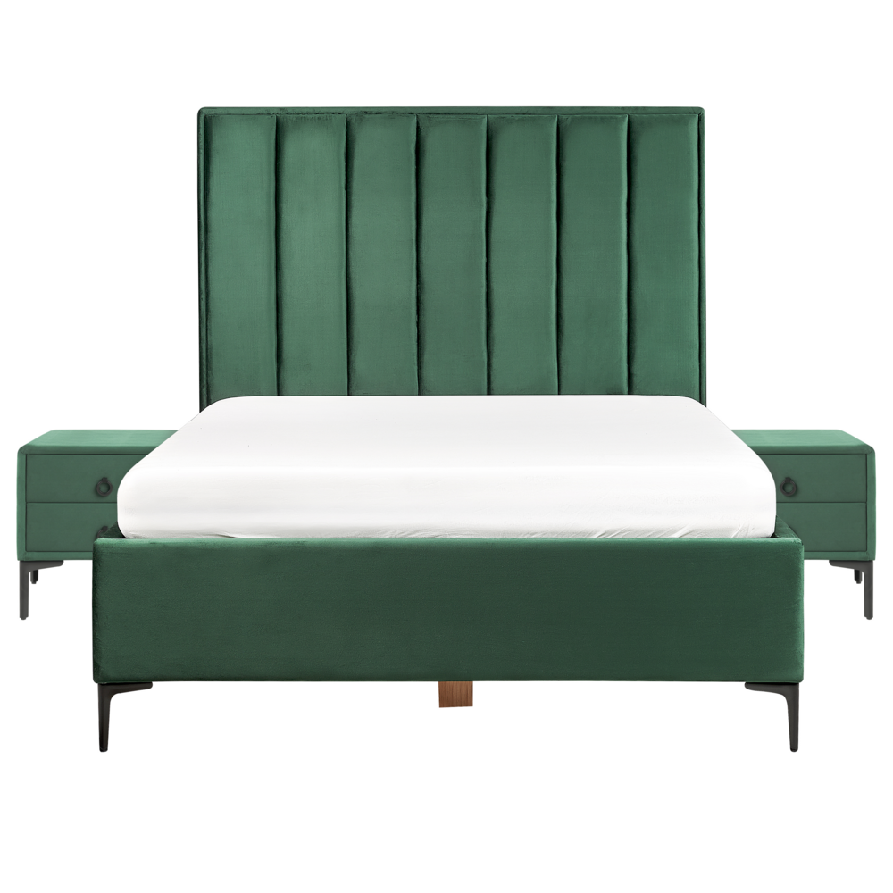 Set da camera da letto rivestiti in velluto verde scuro con due comodini 140 x 200 cm stile elegante