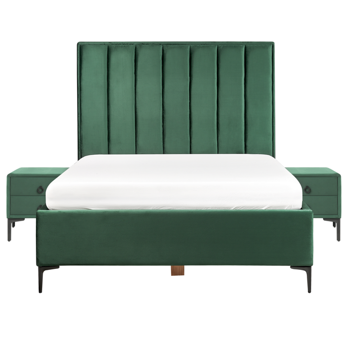 Set da camera da letto rivestiti in velluto verde scuro con due comodini 140 x 200 cm stile elegante