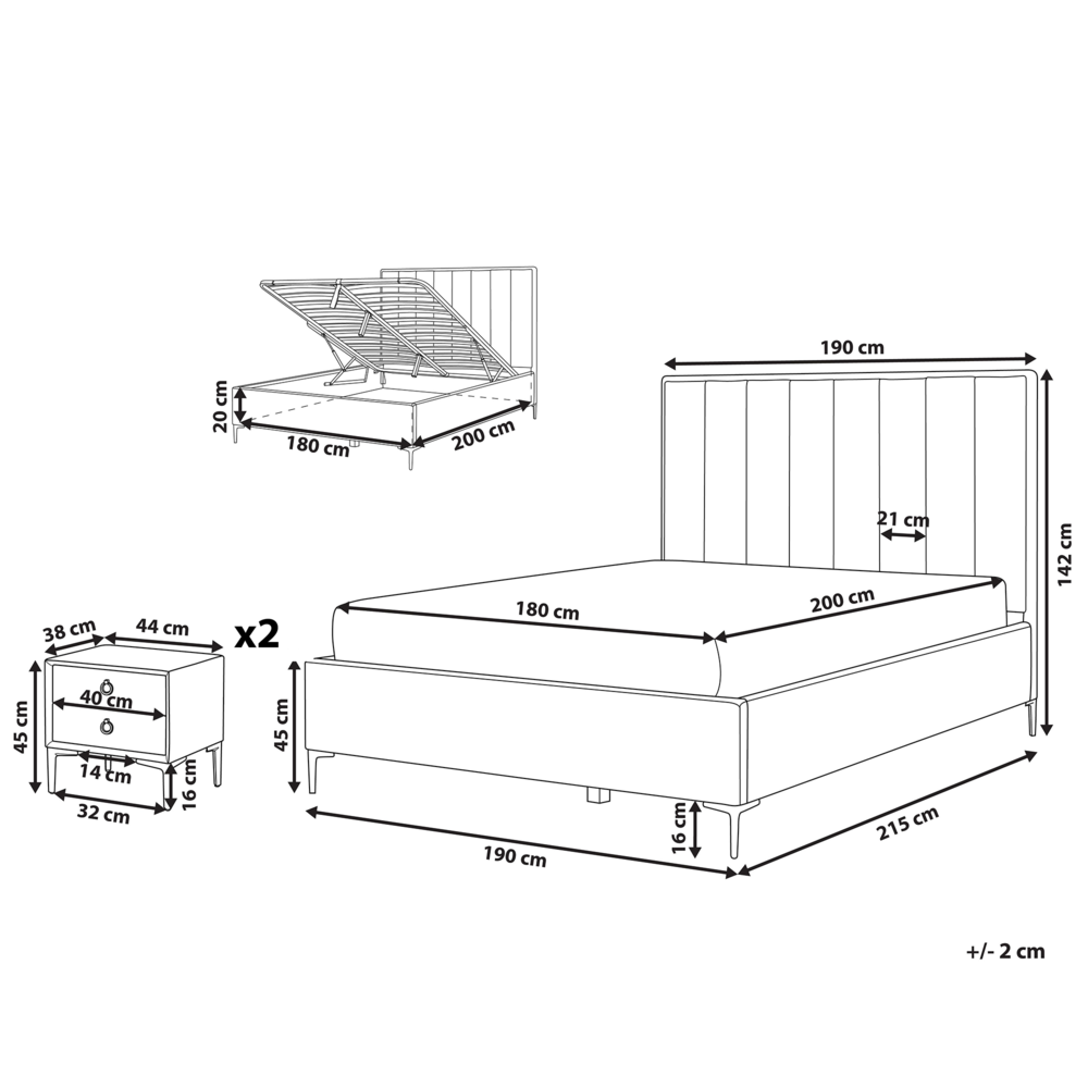 Set da camera da letto rivestiti in velluto tortora con due comodini 180 x 200 cm stile elegante