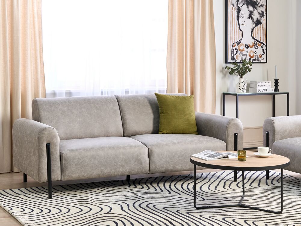 Divano 3 posti rivestito in tessuto effetto pelle grigio schienale regolabile stile moderno